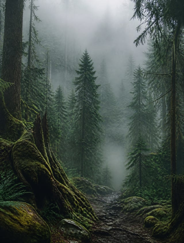 Transform this image into a breathtaking ultra-realistic foggy forrest masterpice. Add dense natural