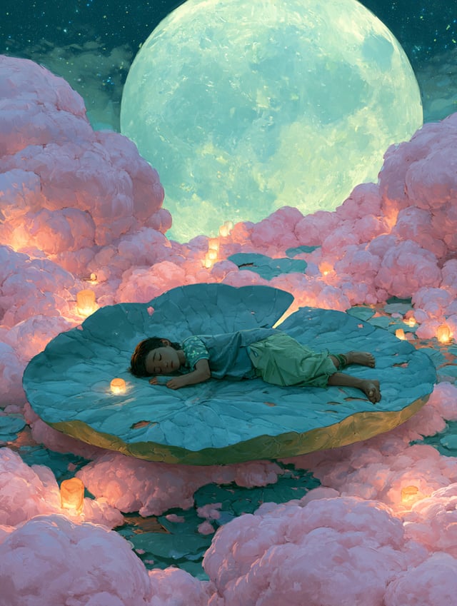 a small girl floating asleep on a giant lily pad drifting through pink cotton-candy clouds, tiny lan