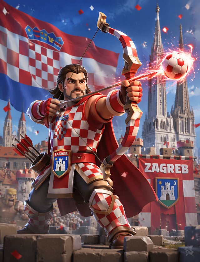 Croatia Clash ArcherКапитан Хорватии как лучник Clash, красно‑белая броня, Загреб и клетчатый флаг н