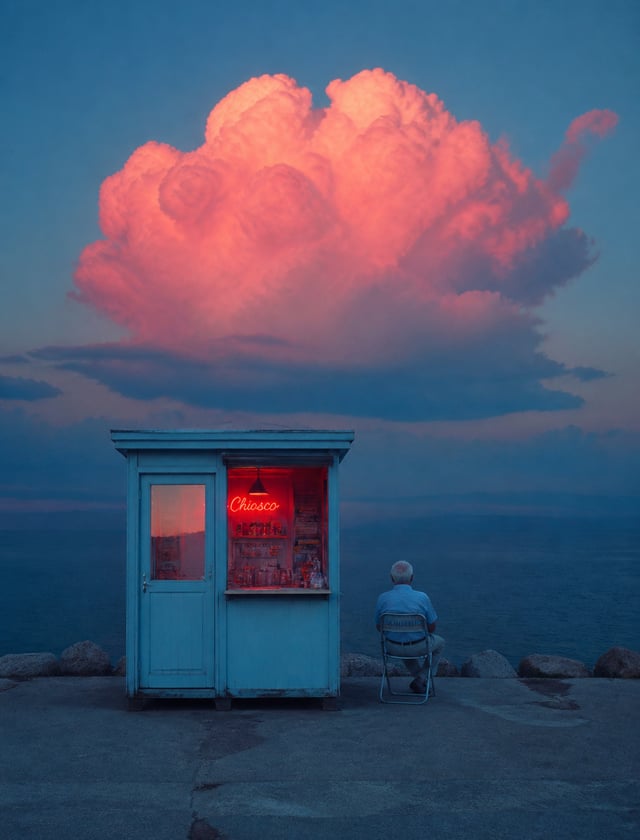 Vertical surreal minimalist landscape photography, blue hour dusk, tiny light blue vintage seaside k
