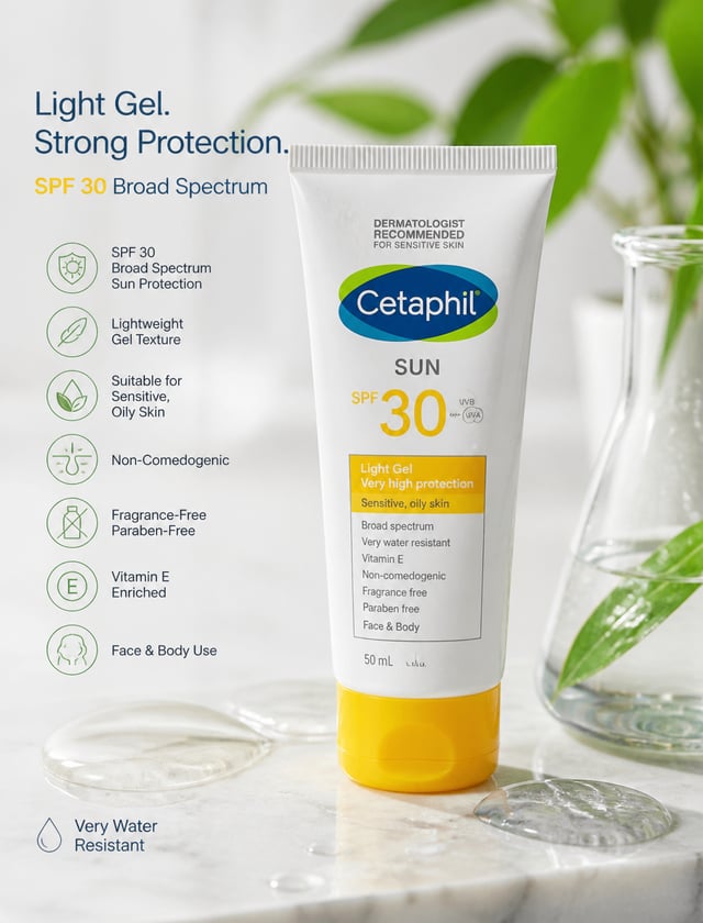 Create a premium skincare product advertisement image featuring Cetaphil SPF 30 Light Gel sunscreen.