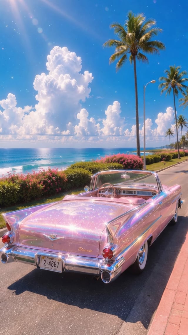 An ultra-photorealistic dreamcore paradise, a stunning pastel pink 1959 vintage luxury convertible p