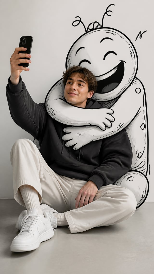 Editorial minimalist portrait of a stylish young man sitting comfortably on the floor wearing an ove