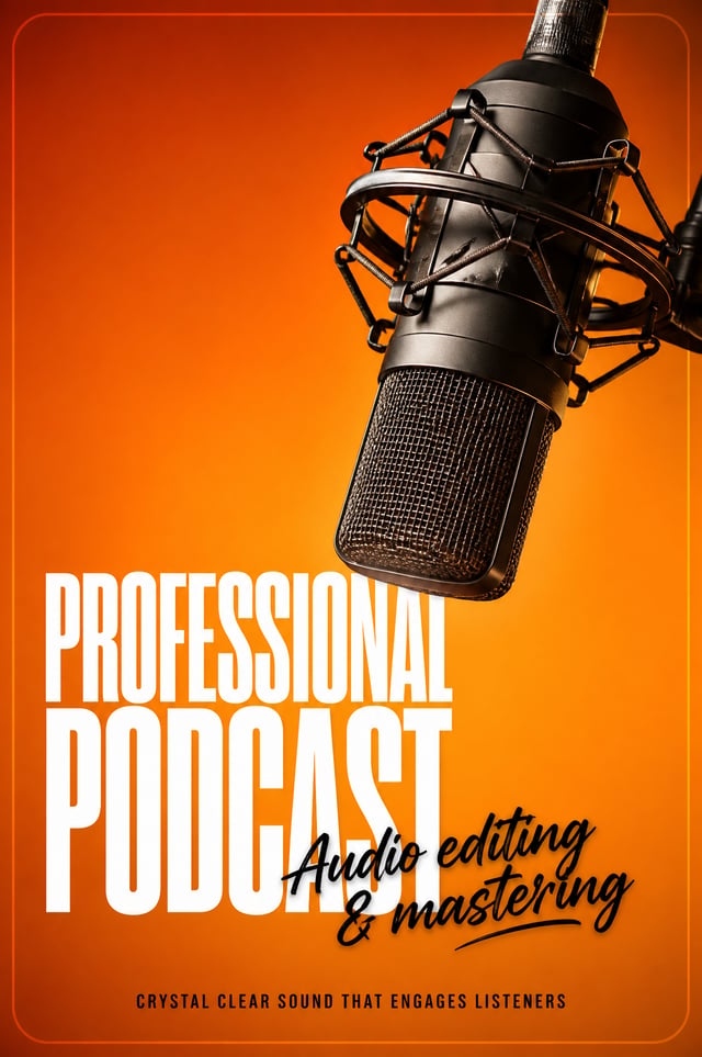 High-resolution poster showing a professional studio condenser microphone suspended in a shock mount