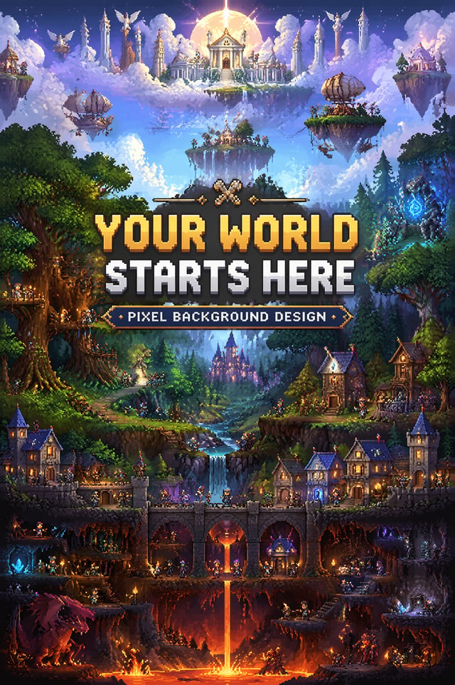 A monumental vertical pixel landscape stretching from underground lava caves through medieval villag