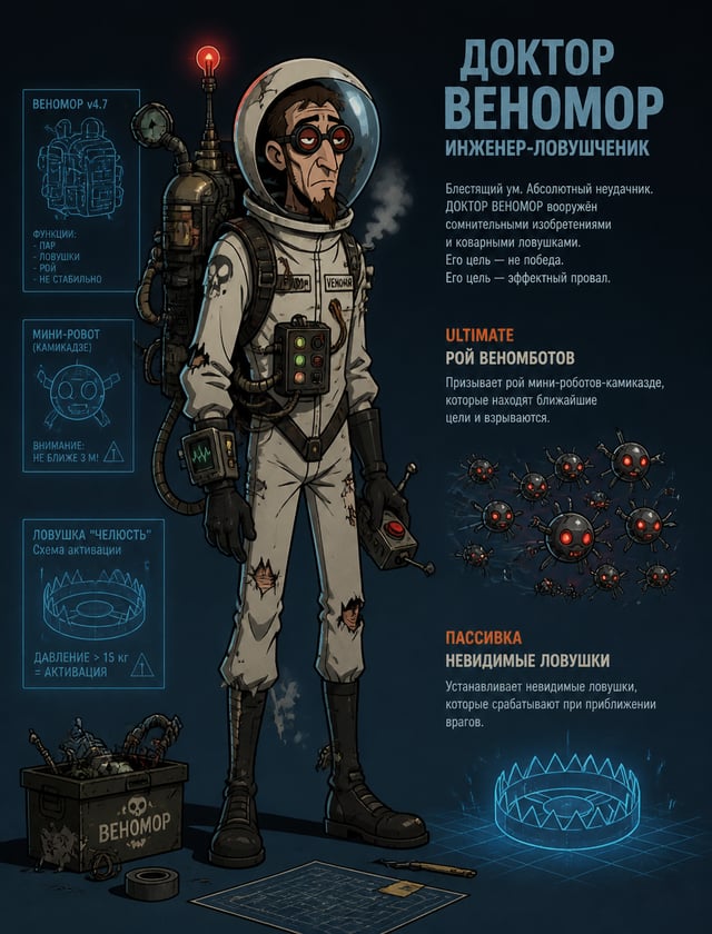 ДОКТОР ВЕНОМОР — Стиль: Venture BrosРоль: Инженер-ловушечник | Внешность: учёный-неудачник в порванн