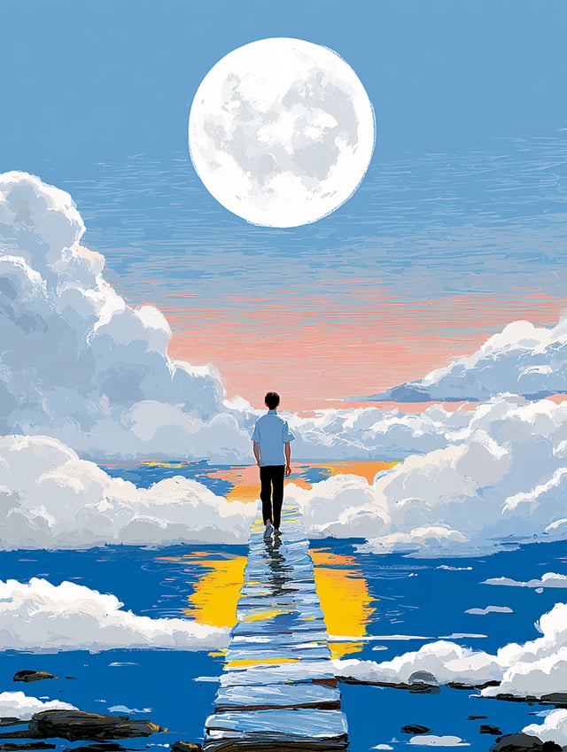 a lone figure walking across a translucent rainbow bridge leading to a giant glowing moon, reflectiv