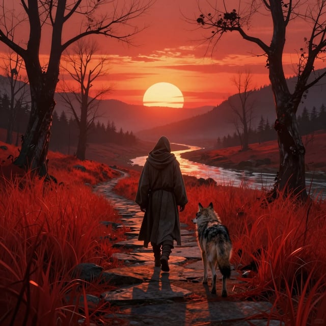 A cloaked traveler in a weathered grey mantle walks along a rugged stone path toward a blazing, bloo