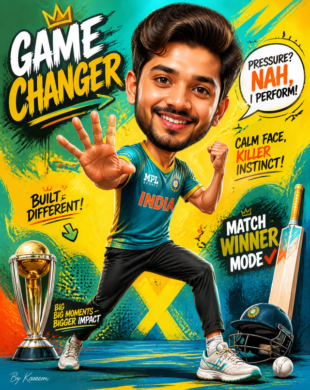 Use uploaded image, brand-new original premium vertical 4:5 Gen-Z caricature poster, instantly recog
