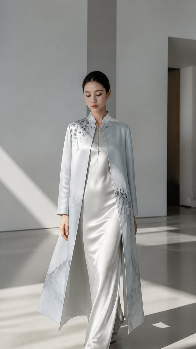 一位东方女性穿现代新中式缎面长外套，月白色与墨色刺绣纹样，内搭简洁修身长裙，站在当代美术馆的留白空间中，极简建筑光影，克制而高级，写实国风时装大片，真实织物纹理，精致人物肖像
