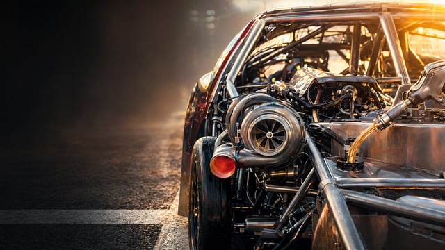 Photorealistic cinematic photograph, extreme close-up of an open GT race car engine bay where three 