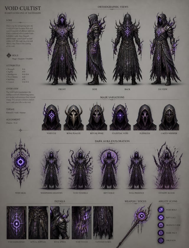 Void CultistCreate a detailed character sheet of an Eldritch Void Cultist for a dark fantasy MOBA. F