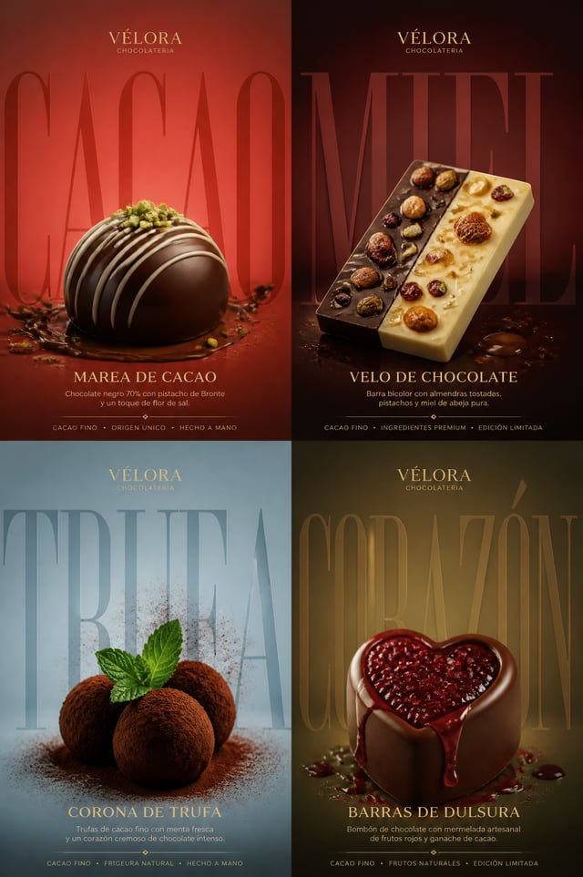 Crea un póster publicitario horizontal de cuatro paneles (2x3) de alta gama para una marca de chocol