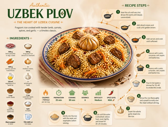 # Ultra-Clean Modern Recipe Infographic — Uzbek Plov## Main SubjectCreate an ultra-clean modern reci