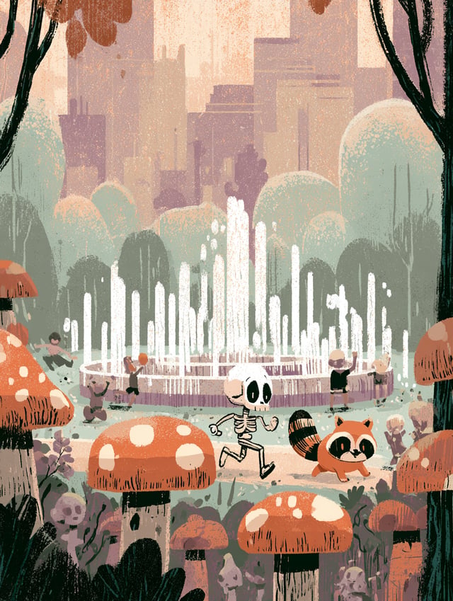 A whimsical, stylized park scene features A cute skeleton character jogging with a small chubby Jimo