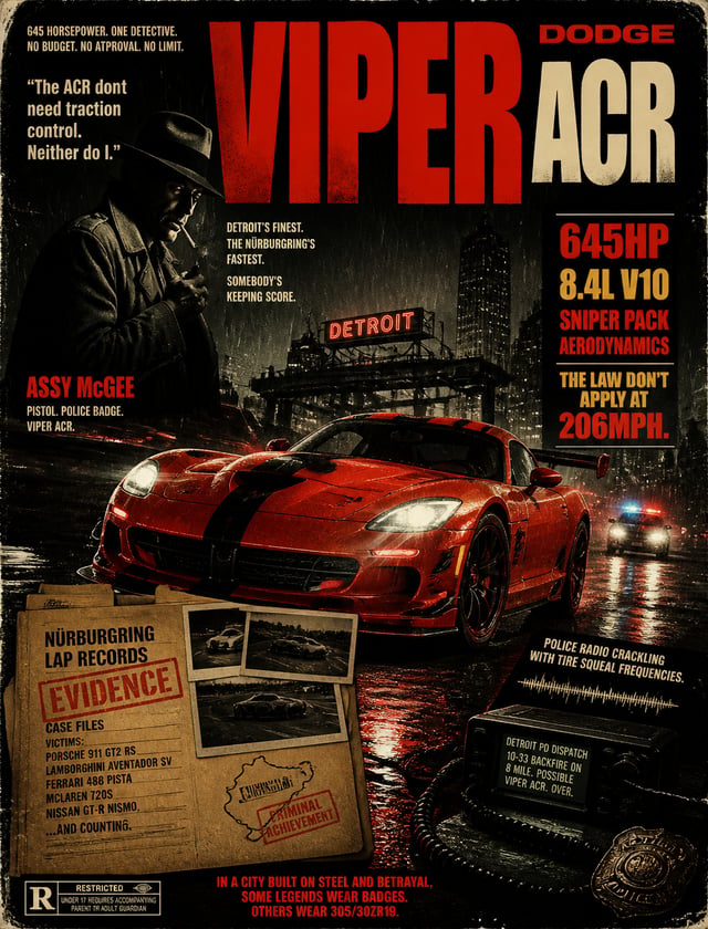 Create a film-noir premium automotive poster of Dodge Viper ACR 