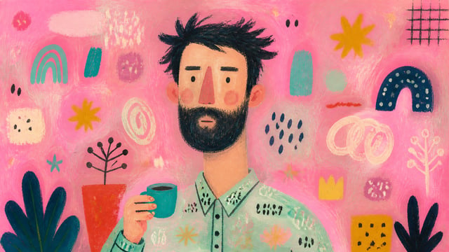 Whimsical hand-painted editorial illustration of a bearded man with messy dark hair, a long neck, ex