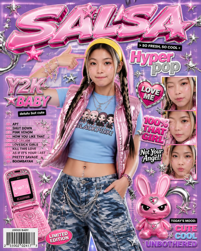 A vibrant Y2K hyper-pop aesthetic magazine cover / promotional poster, 2000s nostalgia style, featur
