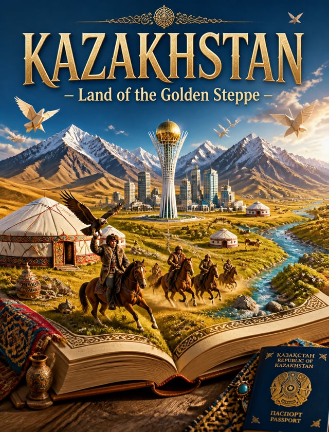 Creative travel poster illustration for Kazakhstan. An open magical storybook lies on a wooden table