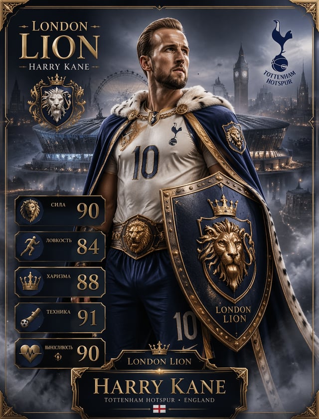 London Lion — Гарри КейнПромпт: Гарри Кейн как "London Lion" — королевский рестлер с плащом и щитом,