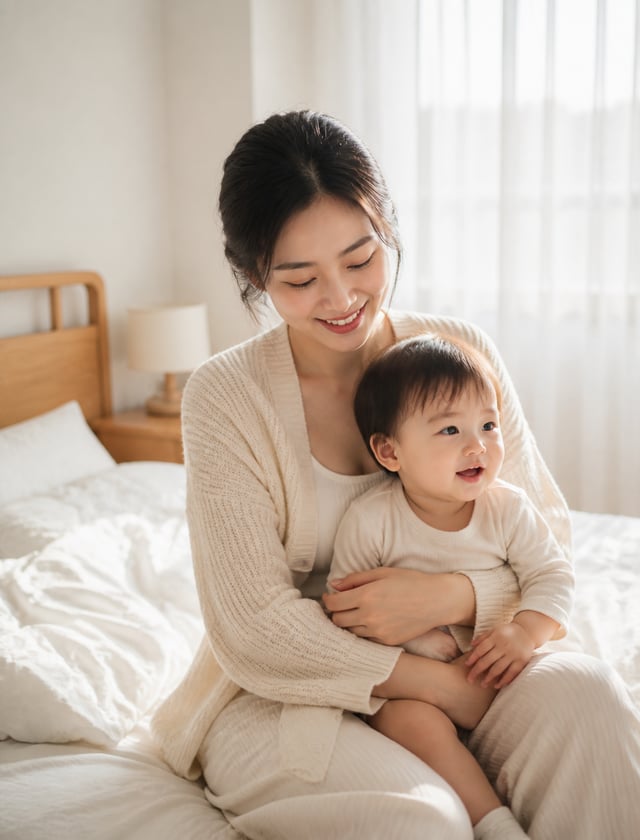 生成一张温柔妈咪季节写真：年轻妈妈穿米白针织开衫，抱着一岁左右的小孩坐在阳光充足的卧室床边。白色床品、浅木家具、柔和窗纱，画面温暖、干净、亲密但不摆拍。不要文字、logo、水印或影楼标识。