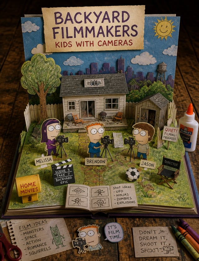 Create a Home Movies-themed 3D pop-up papercraft storybook diorama on rustic table, elevated view. T
