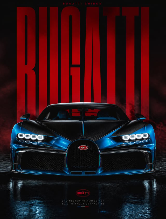 MASTERPIECE AUTOMOTIVE POSTER featuring a Bugatti Chiron positioned at the center of a dark studio e