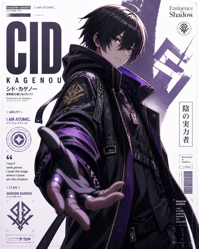 A luxury minimalist anime editorial poster featuring eminence in shadow, designed as a premium high-
