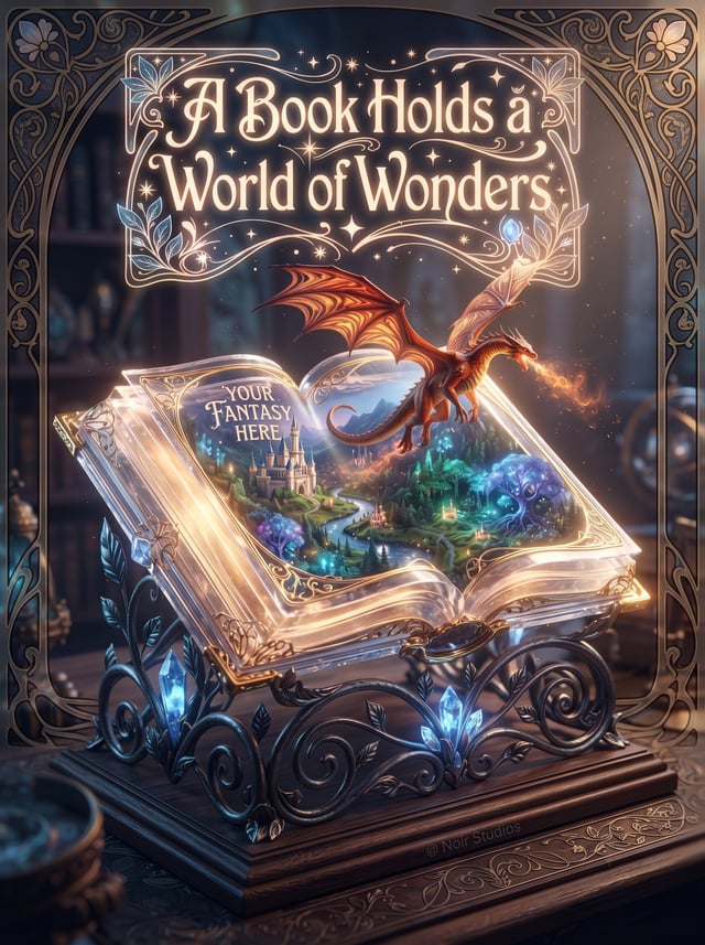High Fantasy Art Nouveau style, massive transparent open hollowed-out magical tome with crystal-like