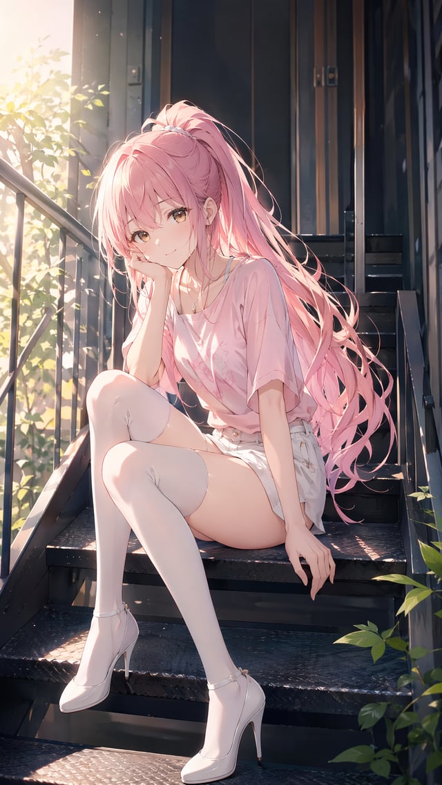 竖屏手机壁纸，二次元动漫插画，粉色长发年轻少女坐在室外楼梯上，超长粉发高马尾，发丝柔顺飘散，金棕色眼睛，温柔微笑， 侧身坐姿，一只手托腮，一只手自然垂下，穿浅粉色短袖T恤、白色短裤、白色过膝袜、白色高