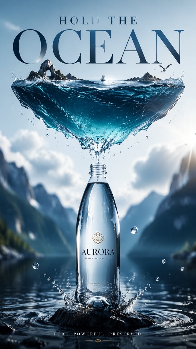 A premium 9:16 bottled water advertising poster.Main Subject:A crystal-clear water bottle.Instead of