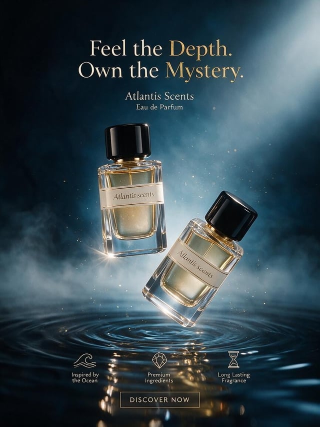 Create a luxury commercial fragrance advertisement using the provided perfume bottle image as the ex
