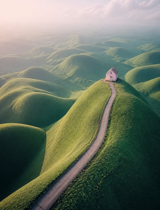 A tiny pastel pink cottage sitting alone on top of gigantic rolling emerald-green hills with impossi