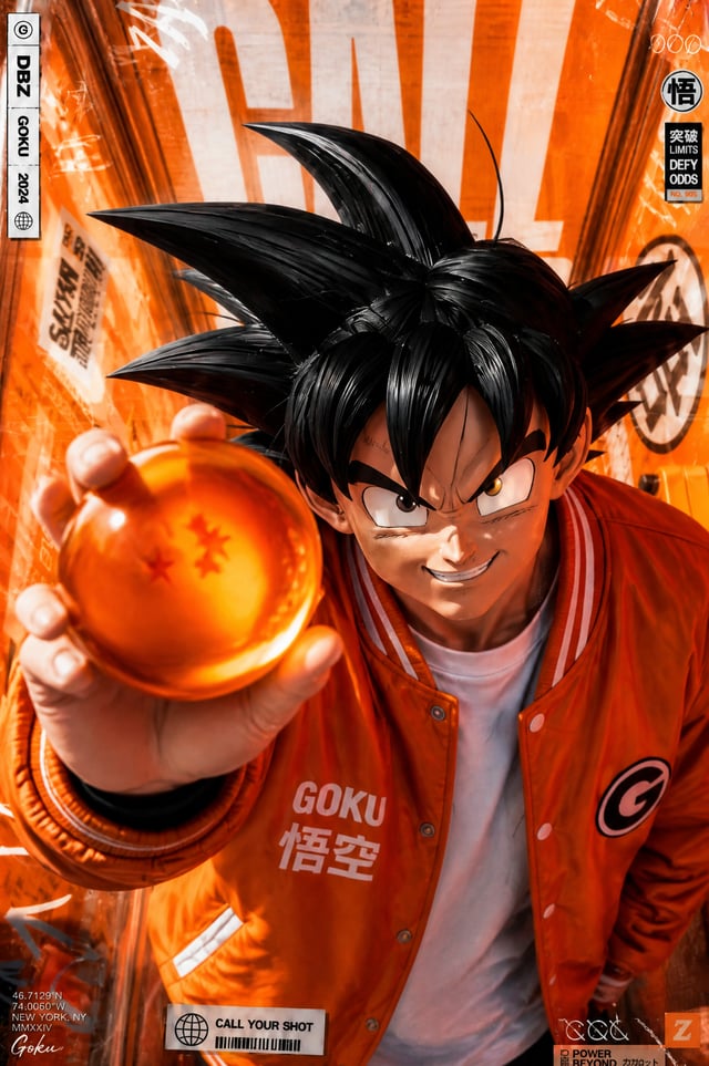 now create an end frame image of a close up shot with the character hold a "3 star Dragon ball from 