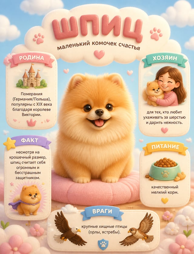 Детская инфографика в стиле мультфильмов Pixar. В центре — пушистый, как облачко, померанский шпиц, 