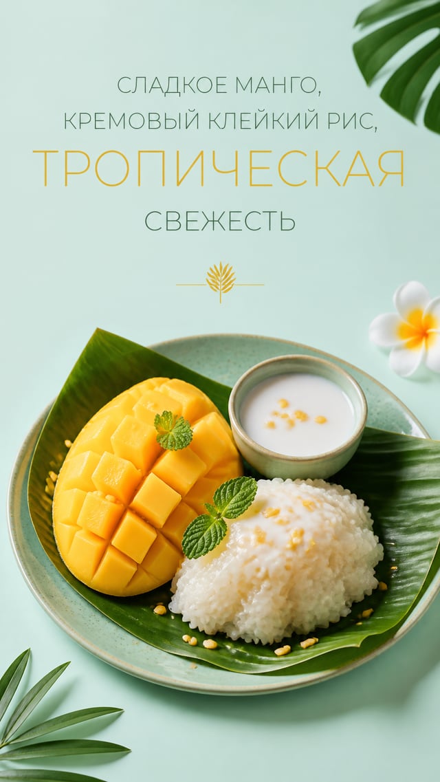 Манго с клейким рисом — Таиланд Текст на изображении: «Сладкое манго, кремовый клейкий рис, тропичес