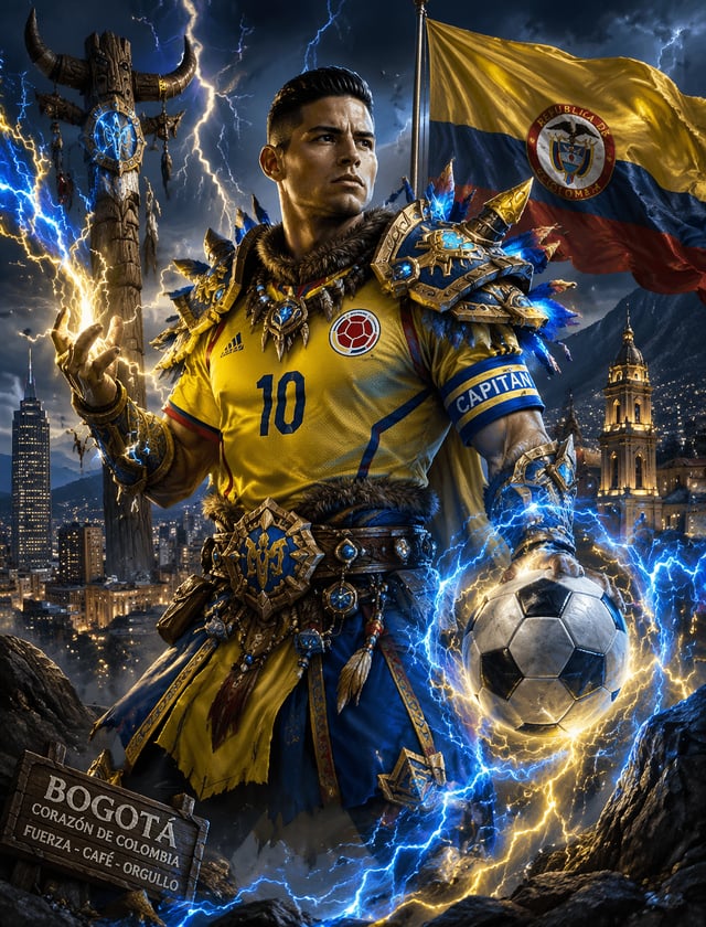 Colombia WoW Storm ShamanКапитан Колумбии как шаман WoW, жёлто‑синие молнии, Богота и флаг страны по