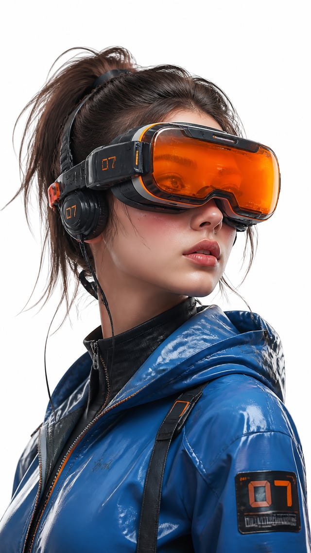 A young woman wearing orange virtual reality goggles and a futuristic VR headset, cyberpunk, science