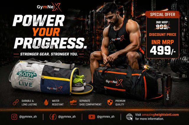 GymNeX - Power Your Progress. Professional gym advertising poster featuring a high-energy fitness en