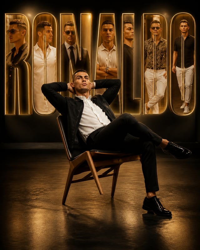 Create an ultra-premium luxury studio poster in vertical 4:5 ratio with me sitting on a modern woode