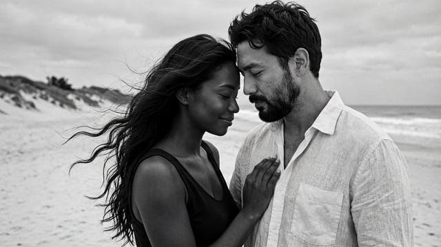 Create a highly photorealistic black-and-white cinematic portrait of an affectionate adult couple st