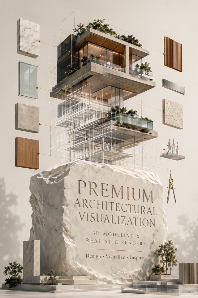 Create a spectacular vertical luxury advertisement where an iconic contemporary building floats grac