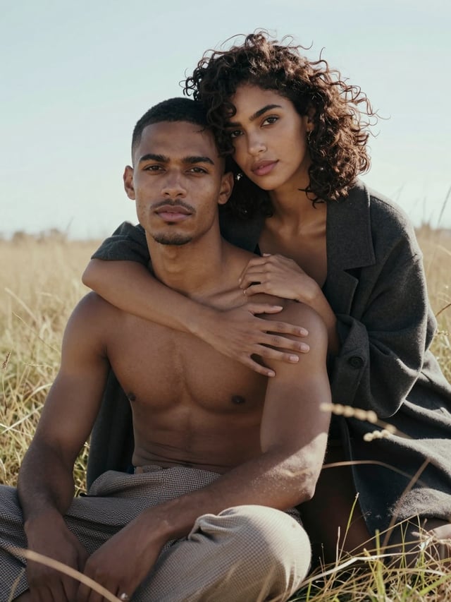 Create a vertical 3:4 ultra-realistic intimate lifestyle portrait of a young adult couple seated clo