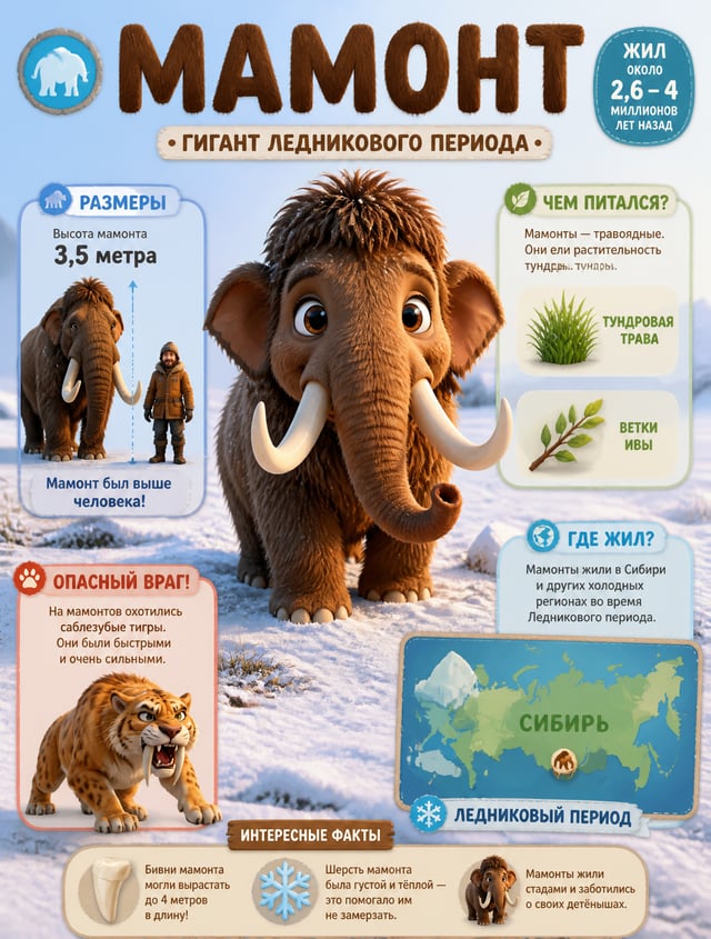 Детская палеонтологическая инфографика в стиле Pixar 3D. Персонаж — пушистый и милый детеныш Мамонта