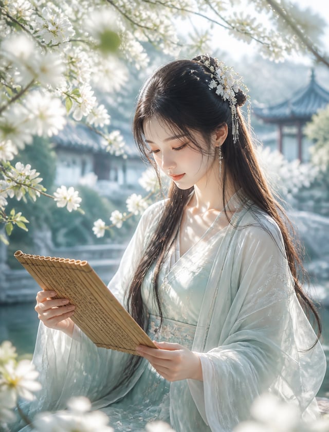 一位二十岁左右的古典少女，肤若凝脂，五官精致柔和，杏眸清澈温润，长而浓密的睫毛，鼻梁秀挺，唇色自然水润，淡粉胭脂，白皙细腻肌肤透出轻柔光泽，乌黑及腰长发自然披散，几缕发丝轻轻垂落脸颊，佩戴白玉花枝发簪
