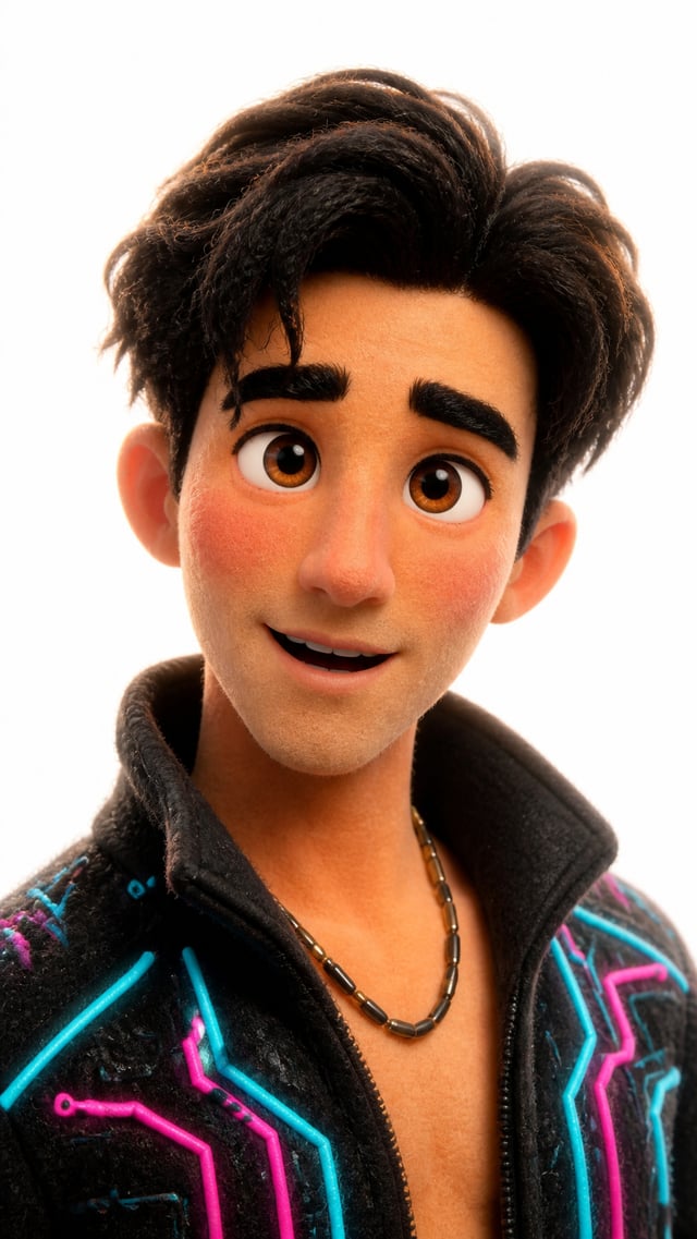 Transform the uploaded image into a stylized 3D realistic claymation character. Soft felt / fuzzy te
