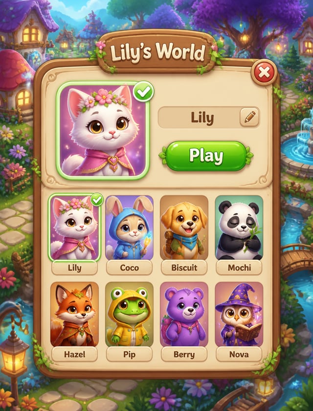 Lily's World mobile game interface, character selection popup window, adorable fantasy adventure gam