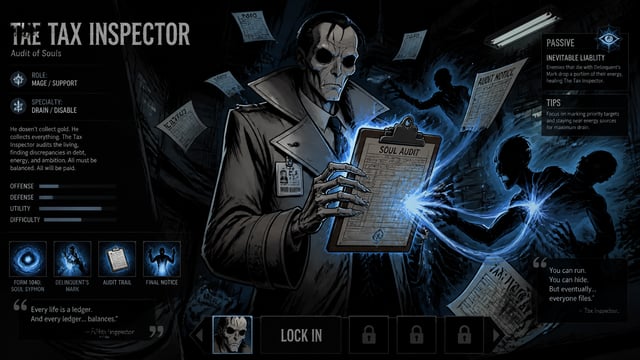 MOBA hero splash art in the style of Venture Bros adult swim cartoon, sinister tax inspector charact