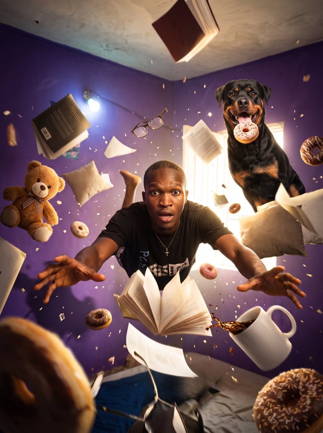 Cinematic surreal scene of a young man as the image above falling forward through a swirling vortex 