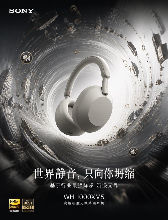 为Sony WH-1000XM5降噪耳机制作「万有引力」产品广告海报。主体：Sony WH-1000XM5降噪耳机悬浮于视觉中心，作为强大引力源，将可视化声波波纹、城市噪音碎片、金色音符和静音符号以戏